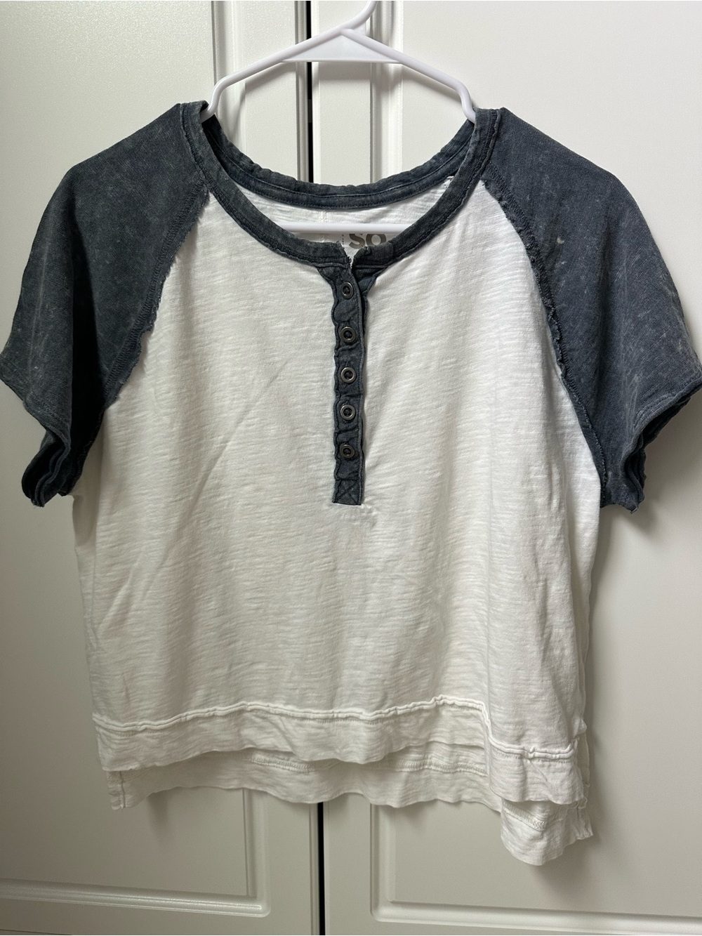SO White Body with Charcoal Raglan Henley Tee